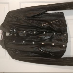 Black vegan leather jacket with zipper and button closure and removable hood